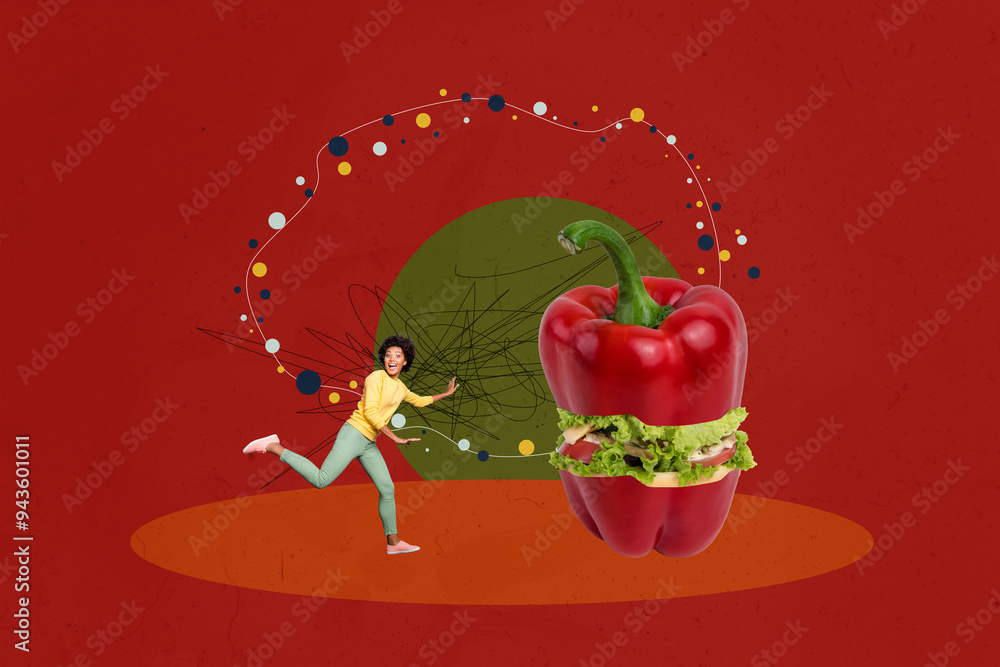 Wall mural Composite photo collage of happy american girl run filled pepper sandwich meal inside organic food isolated on painted background