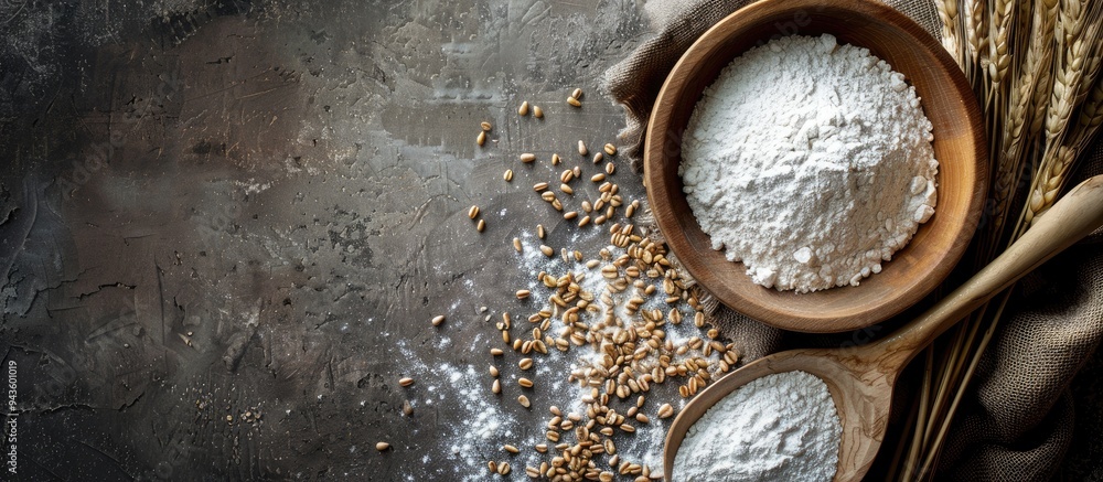 Poster rustic background with a wooden spoon holding flour and wheat grains in a bowl perfect for a copy sp