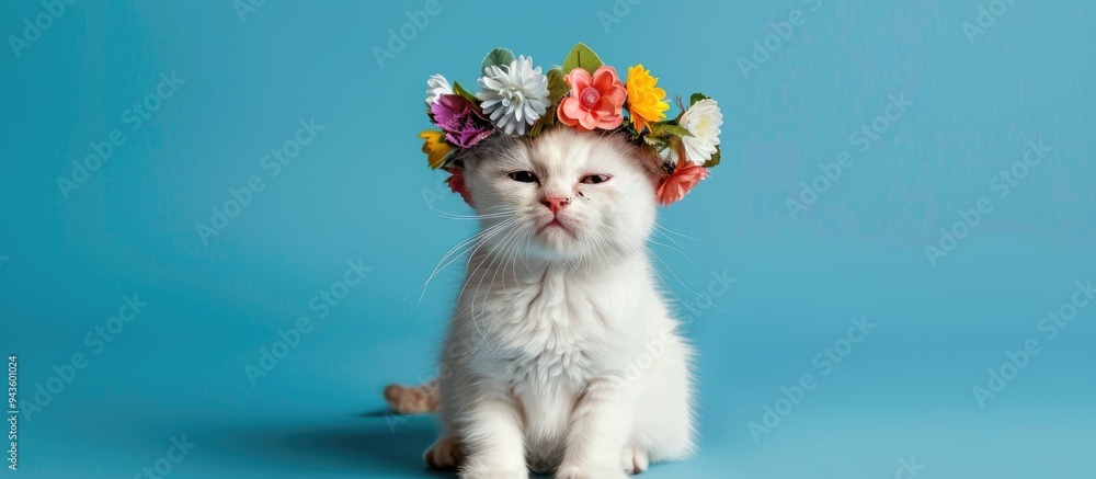 Poster a melancholic white cat wearing a flower wreath on its head sits against a blue background gazing in