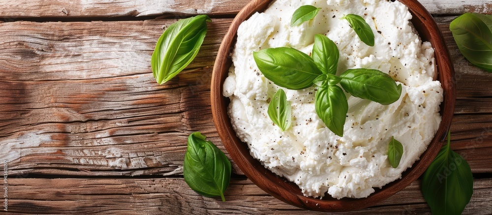 Fototapete close up of fresh ricotta and basil on a rustic wooden table with ample copy space in the image