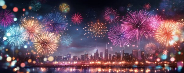 Stunning fireworks illuminate the night sky over a city skyline, creating a vibrant celebration of light and color.