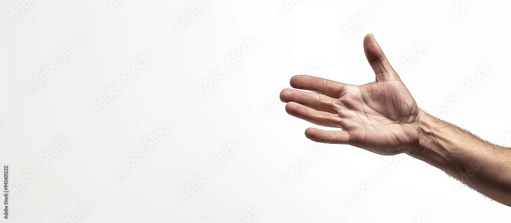 Poster hand of a man reaching in the air on a white background with empty space for customization of the im