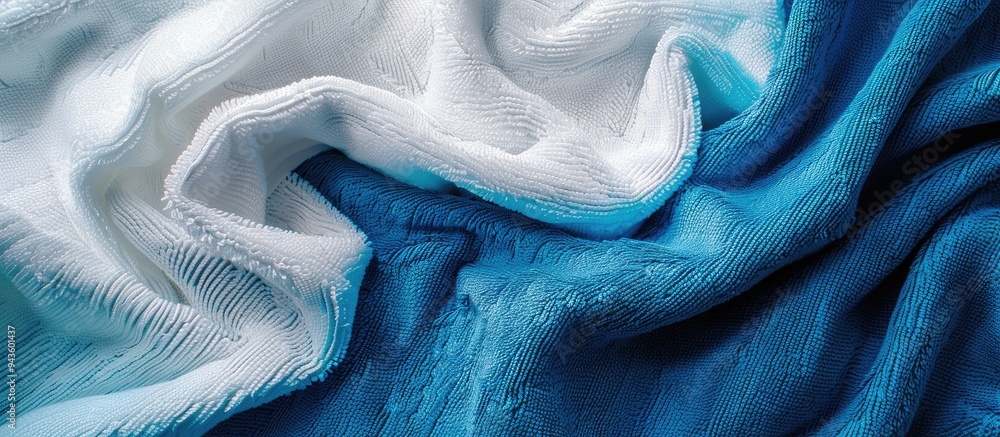Poster A stunning macro shot of white towels neatly folded on a blue beach towel background with a soft textile texture perfect for a copy space image