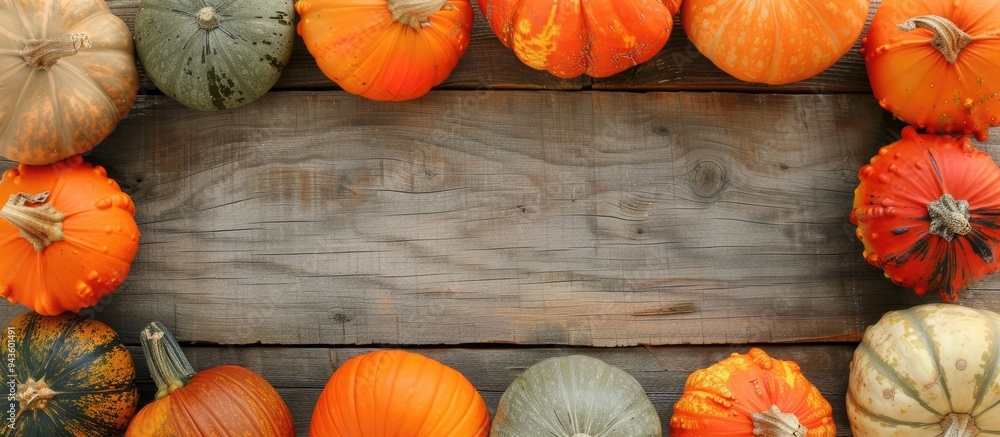 Leinwandbilder wooden background with a frame of various fresh pumpkins creating a rustic copy space image
