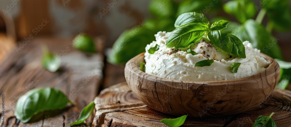 Fototapete close up of fresh ricotta and basil on a rustic wooden table with ample copy space in the image
