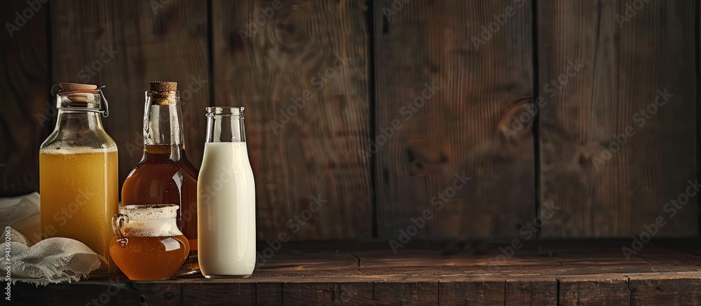 Poster Various glass bottles filled with fresh milk are displayed alongside honey on a dark wooden surface creating a rustic setting for the copy space image