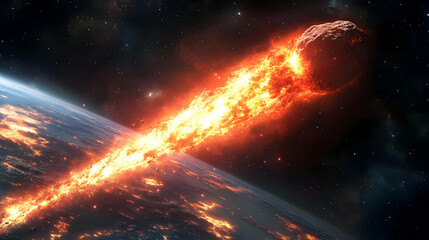 A fiery meteorite streaks across the sky, leaving a trail of flames as it crashes into a planet.