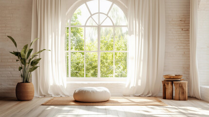 Peaceful yoga meditation space bright arched window natural light boho style white sheer curtains indoor plant rustic wood zen relaxation calm minimalist airy serene tranquil copy space backdrop empty