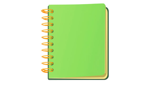 A vibrant green notebook with spiral binding, perfect for notes, sketches, and ideas. Ideal for students and professionals alike. Isolated on transparent background.