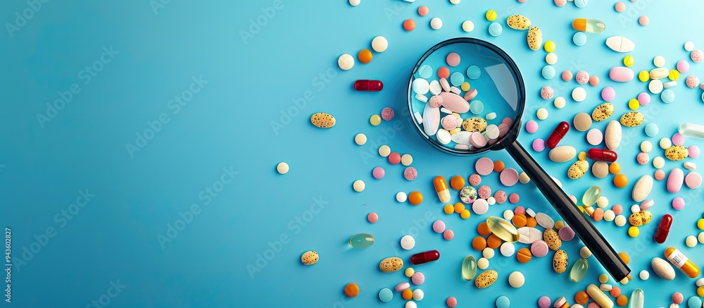 Aufkleber Magnifying glass surrounded by assorted pills on a blue backdrop with ample copy space image