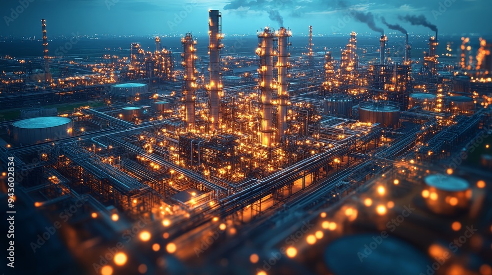 Poster an industrial complex illuminated at night, showcasing a large-scale carbon capture and storage netw