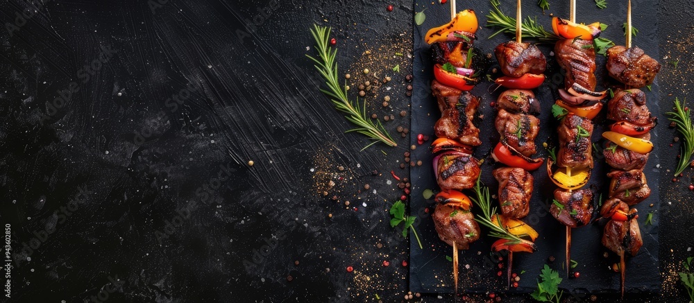 Poster Top view of Shashlik with thyme and spices on bamboo skewers against a dark background providing a copy space image