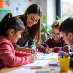 Students doing a creativity project with their teacher in a classroom.