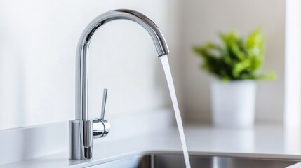 Modern kitchen faucet with water flowing, showcasing a sleek design and a minimalist style in a bright interior.