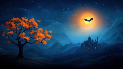 Fototapeta premium Vampire bat flying near Draculas castle, flat design illustration