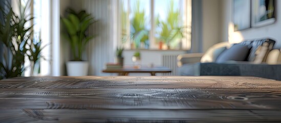 Ideal for showcasing products and presentations a blurred modern Scandinavian living room is featured with a wooden table top providing copy space image