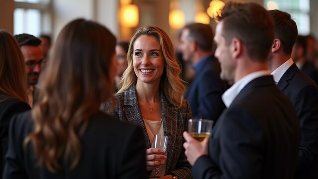 A social setting with a woman mingling and networking at a professional event or conference