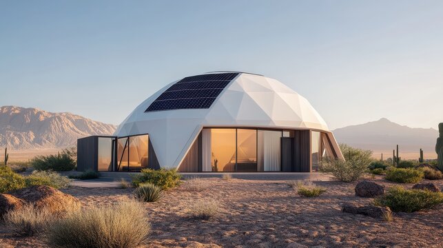 A modern geodesic dome home nestled in a desert landscape under a clear sky, showcasing sustainable architecture and solar panels.