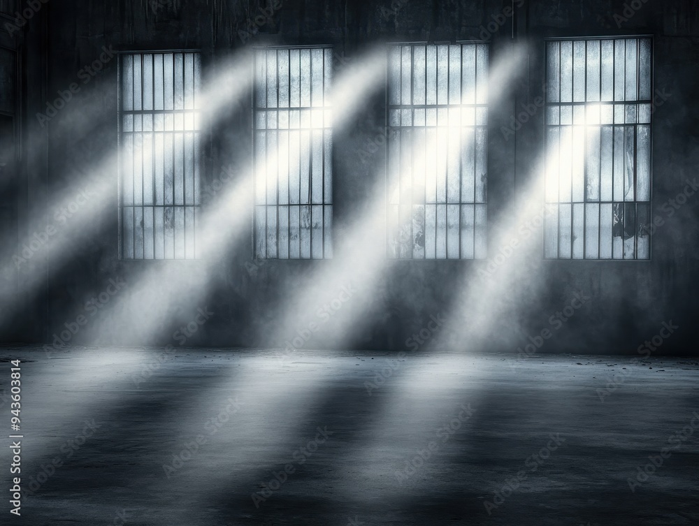 Aufkleber moody interior of an empty room with barred windows and beams of light, creating a dramatic atmosphe