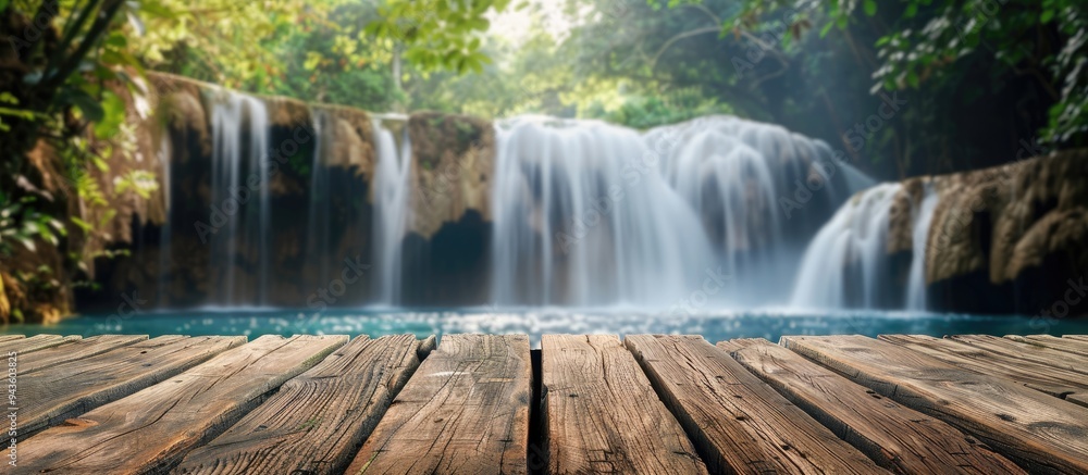 Poster wooden table with a blurred tropical waterfall backdrop in summer creating a perfect copy space imag