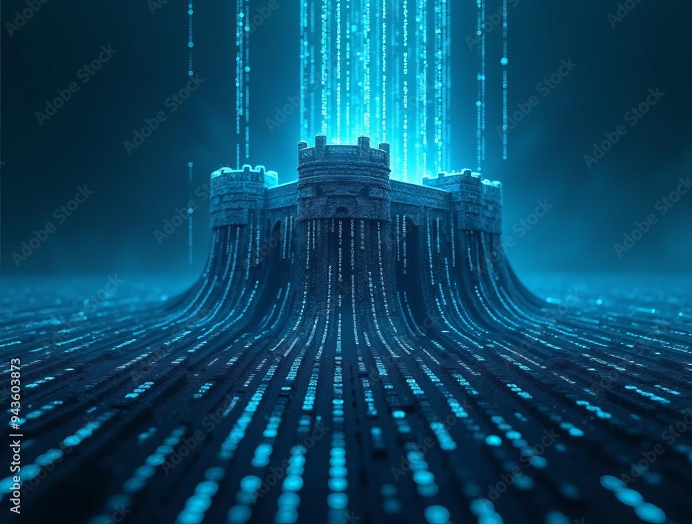 Poster futuristic digital fortress: cybersecurity concept with data streams protecting central stronghold i