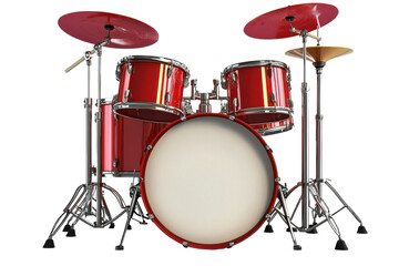 A vibrant red drum set featuring a bass drum, snare drum, toms, and cymbals, perfect for music enthusiasts and performance settings. Isolated on transparent background.
