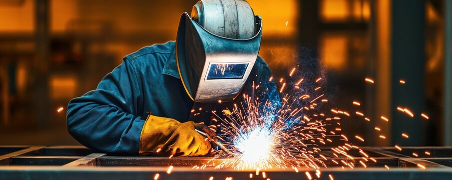 A skilled welder at work, creating sparks while welding metal in a workshop environment, showcasing precision and craftsmanship.