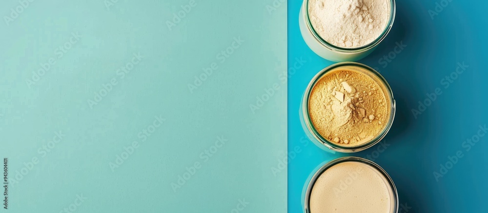 Poster top view of jars containing protein powder on a colored background creating a sports nutrition conce