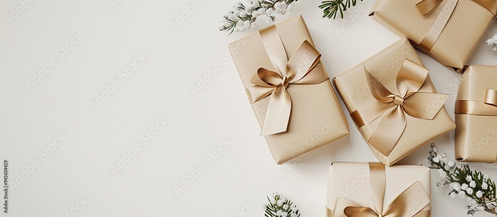 Poster top view of gift boxes with beige ribbon on a white backdrop with copy space image