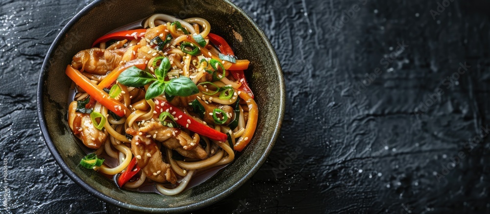 Poster copy space image of a bowl with udon stir fry noodles chicken and sesame on a dark stone surface