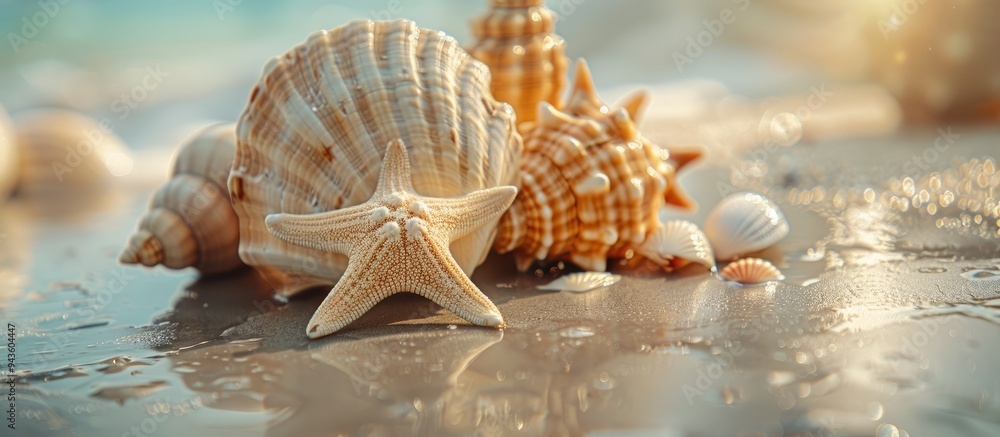 Poster A beach themed setting with seashells or starfish on a table surface featuring a blank area for text known as a copy space image