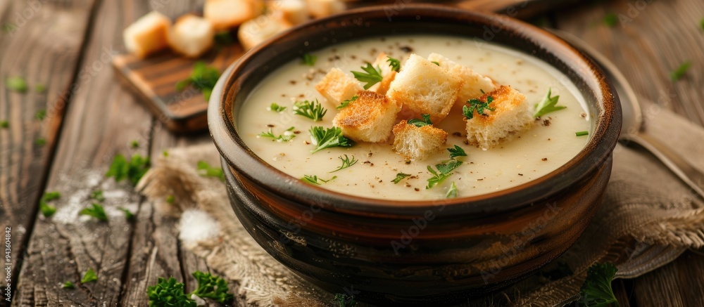 Poster Delicious cream soup with croutons in a rustic setting with a wooden background perfect for a copy space image