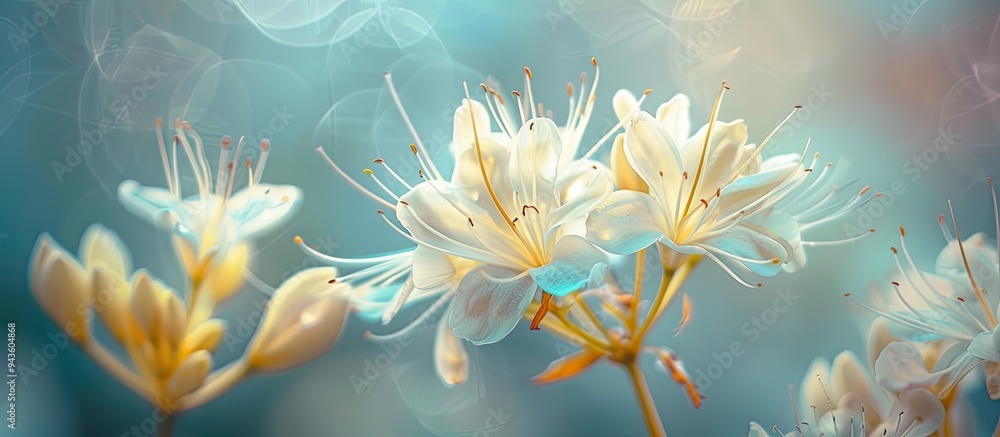 Poster Front view of blooming small white flowers with long stamens in a macro shot against a blurred background perfect for a copy space image