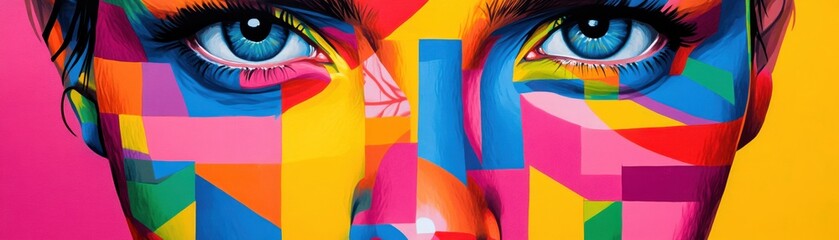 Obraz premium Vibrant close-up portrait featuring colorful geometric patterns on a face, showcasing artistic expression and bold creativity.