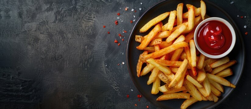 Top down view of homemade American French fries with ketchup on a plate with ample copy space image
