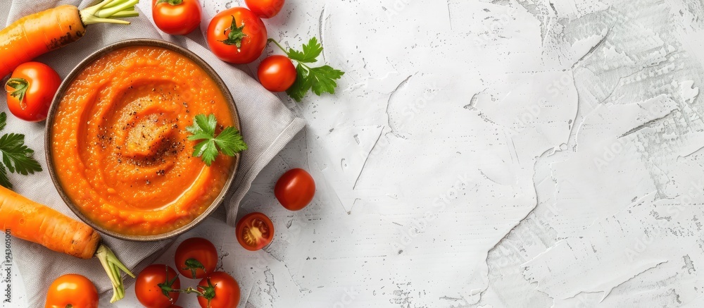 Aufkleber Top down view of carrot puree soup in a ceramic bowl with fresh carrots and tomatoes arranged on a white textured background creating a visually appealing composition with copy space for images