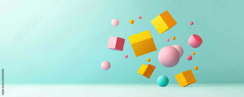 Poster colorful geometric shapes floating in a serene turquoise background, creating a playful and modern v