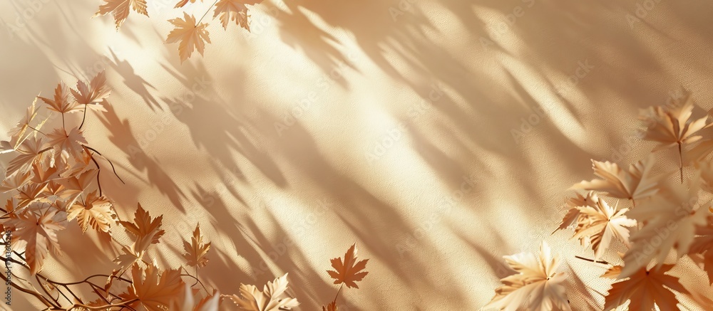Poster cream colored shades depict an abstract autumnal scene with maple tree leaves creating shadows on a 