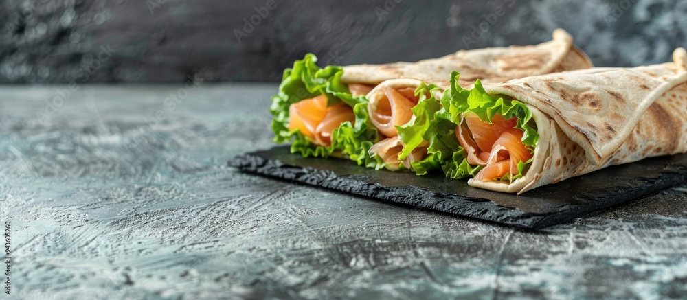 Poster thin pita rolls and salted salmon with lettuce on a slate stand against a grey concrete backdrop off