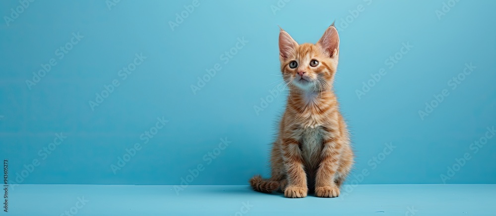 Poster A cute ginger tabby kitten sits gracefully on a soft blue backdrop posing for an animal portrait with a sweet demeanor offering ample copy space for adding text or elements