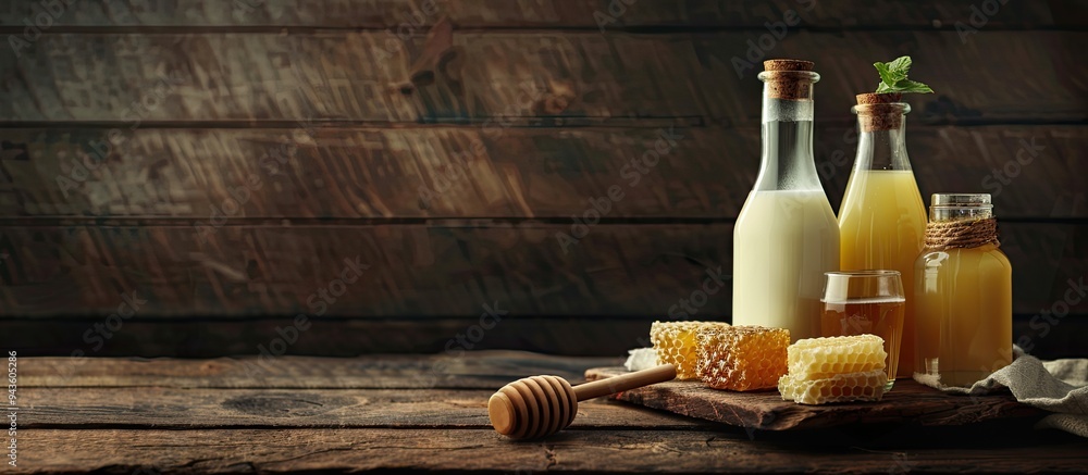 Aufkleber Various glass bottles filled with fresh milk are displayed alongside honey on a dark wooden surface creating a rustic setting for the copy space image