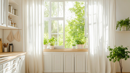 bright sunny kitchen white cabinets sunlight streaming through open window indoor plants clean fresh vibe natural light cozy minimal farmhouse decor banner mockup advertising home interior concept