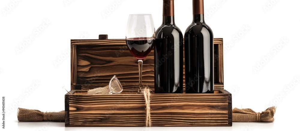 Poster gift box with a wine bottle and glasses on a white background for copy space image
