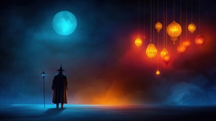 Fototapeta premium Dracula and gothic chandelier, shadows playing, flat design illustration