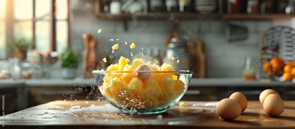 Aufkleber Preparing a cake with fresh egg yolks in a glass bowl on a kitchen table creating a nice scene for a copy space image