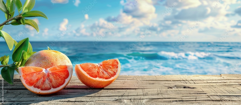 Aufkleber fresh grapefruit halves on a wooden table with a backdrop of sea and sky provide a scenic copy space