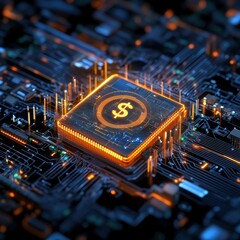 A close-up of a glowing microchip symbolizing digital currency and technology integration in finance.