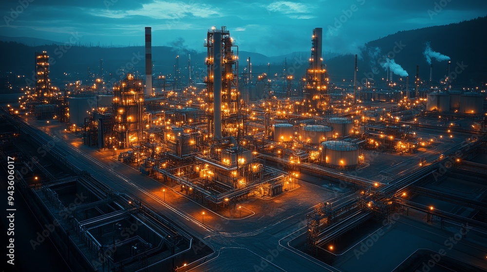 Poster a large carbon capture and storage facility is illuminated at twilight, highlighting its intricate d
