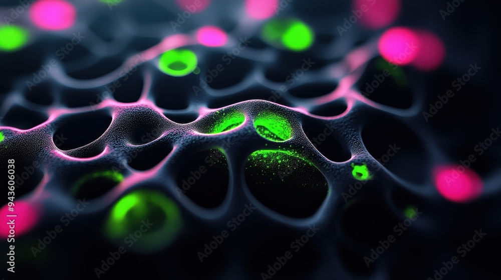Poster intricate abstract design featuring vibrant colors and fluid shapes, showcasing a unique cellular st