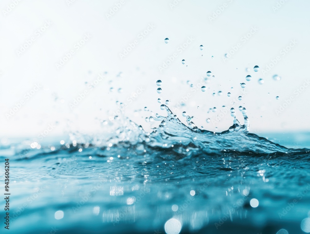 Poster a close-up view of water droplets splashing, creating a serene and refreshing atmosphere. perfect fo